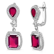 925 Sterling Silver Rectangular Teardrop Red Ruby-Tone CZ Dangle Earrings, 1.2"