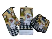 4 Piece Kitchen Set Oven Mitt Dish Towel Potholders Happy Chef Print