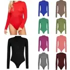 Womens Plain High Roll Turtle Polo Neck Bodysuit Ladies Long Sleeve Leotard Top
