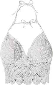 [WDIRARA] Women's Tie Backless Halter Swim Tops Sleeveless Crochet Tankini Top Swimwear
