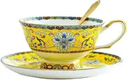 YBK Tech Cup& Saucer Set Bone China Tea Coffee Cup for Breakfast Afternoon Tea- Classic Enamel Patterns (Yellow)