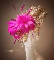 Kentucky Derby Hat Hot Pink Silk Bow Royal Ascot Fascinator Big Gold Palm Leaves
