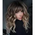 Brown Wig with Bangs,Brown Highlight Synthetic Shoulder Length Curly Wavy Wig...