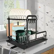 Dish Drying Rack, Dish Racks, 16.5 * 11.8 * 13.6'' 2 Tier Over The Sink Dishrack Strainer, Large Capacity W/Drainboard and Utensil Holder, Auto-draining, Non-Slip for Kitchen Counter