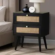 Oikiture Black Bedside Table with 2 Rattan Drawers End Table Storage Cabinet