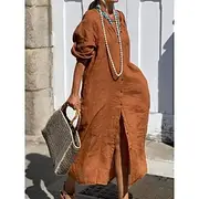 Women's Black Navy Blue Brown Summer Spring Maxi Dress Cotton Linen Dresses Casual Dress Basic Modern Daily Weekend Loose Fit Plain V Neck