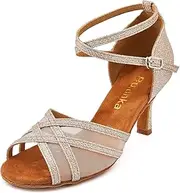 [Bulunka] Women Ballroom Latin Salsa Gold Glitter Dance Shoes Suede Sole Open Toe 2 2.5 3 Inch Heel
