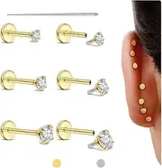 [Kakonia] Flat Back Earrings Studs - 14K Gold Filled Internal Thread 18G 16G Piercing Jewelry for Cartilage Helix Tragus Hypoallergenic Labret Lip Conch Nose 316L Stainless Steel Stud for Women Men