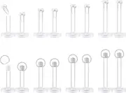[KASFREE] 16 Pcs Clear Nose Stud 16G Flat Back Lip Rings labret Studs Piercing Retainer Plastic Earrings for Sensitive Ears, Plastic, no gemstone