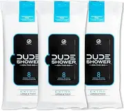 DUDE Shower Body Wipes (3 Packs, 8 Wipes Each) Unscented Naturally Soothing Aloe and Hypoallergenic, Portable Travel-Sized Individual Cleansing Cloths for Men