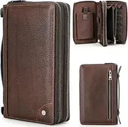 [CataPurus] Top Grain Genuine Leather Zipper Clutch Wallet for Man & Woman, Handmade Vintage Design, Multi Slots & Side Pocket & Strap, RFID Large Capacity for Cards/Checks/Passports/Phone/Pen/AirTag, Red Coffee