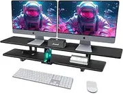 ECO-WILL Dual Monitor Stand, 2 Tier Wooden Desk Shelf with Storage, Cable Management, Black