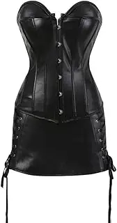 [FAWENLI] Fashion Sexy Leather Corset Dress Sexy Steampunk Black Overbust Corset Bustier Lingerie Top With Mini Skirt Se
