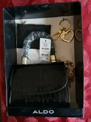 Aldo JENNOSSii Small Handbag + Card Holder + Key Ring Gift Box Set, Black, New