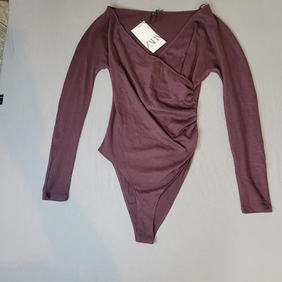 Zara Bodysuit Top Womens Medium Draped Ruched Long Sleeve Maroon Stretchy NWT