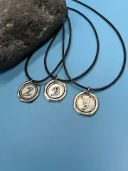 INITIAL LETTER NECKLACE CUSTOM STAMPED WAX SEAL SILVER PEWTER CHARM LEATHER CORD