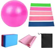11pcs Yoga Ball Set with Yoga Block Resistance Bands Fitn Stretching Strap Yoga Pilates Equipment Pink One Size
