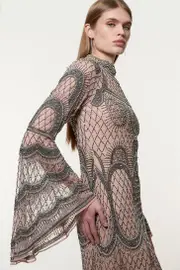 Petite Embellished And Beaded Long Sleeve Woven Maxi Dress