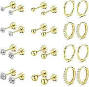 [Kakonia] Flat Back Earrings for Sensitive Ears Gold Small Hypoallergenic Surgical Steel Earrings Women Men Tiny CZ Ball Flatback Earring Cartilage Hoop Stud Earring Set for Multiple Piercing