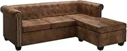 3 Seater Sofa Couch, Lounge Chair L-Shaped Chesterfield Sofa Artificial Suede Leather Brown