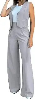[HGps8w] Pant Suits for Women Dressy Casual 2 Piece Outfits Sleeveless V Neck Blazer Vest with Wide Leg Pants Work Office Sets, 01 Gray, X-Large