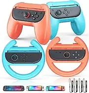 2 PCS Handgriffe für Joycon2 und 2 PCS Lenkrad Handhalterungen für Nintendo Switch2 Controller, Ergonomische Handgriffe und Rennräder Griff Spielzubehör Bundle Kit Set(Orange&Blau)
