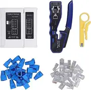 RJ45 Crimp Tool Kit Pass Thru Ethernet Crimper for Modular Connectors Crimping, All in One Crimping Tool with 1pc Network Tester and 20pcs 8P8C RJ Connector Cover