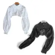 Women Long Sleeve Fake Collar Dickey Eyelash Floral Lace Crop Half Shirt