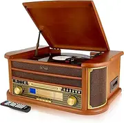 Denver 8-in-1 CD Cassette Player Retro Wooden Record Player HiFi System – 3 Speed Vinyl Turntable & Cassette With CD Player, FM/AM Radio, MP3 USB Recording, AUX IN And Line Out – MCR-50