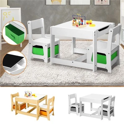 Oikiture Kids Table and Chairs Set Storage Box Toys Play Desk Wooden Study