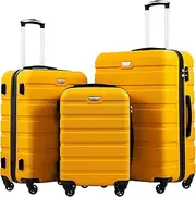 [COOLIFE] Suitcase Trolley Carry On Hand Cabin Luggage Hard Shell Travel Bag Lightweight and 4 Spinner Wheels (Yellow, Set of 3)
