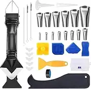 34Pcs Silicone Caulking Tool Kit, 3 in 1 joint tool joint scraper made of stainless steel head with joint smoother, sealing nozzles for Bathroom Kitchen Room Corner + Sealant Smoother Pads