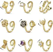 TiTiC 9 Pcs Fidget Rings for Women, Adjustable Spinner Anxiety Ring Set,Open CZ Cat Flower Star Moon Relief Spinning Rings for Adults