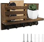 Wood Key Holder High Load Bearing Capacity Wall Mail Organizer with 5 Hook Easy to Access Storage Shelf Space Saving for Home Storage(Coffee)