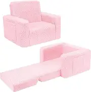 Toddler Couch, Toddler Sofa,Toddler Chair,Kids Couch, Kids Sofa Couch Convertible Sofa to Lounger Pull Out Couch Sherpa Cover(Sherpa Pink, Medium)