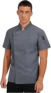 [TiaoBug] Unisex Men Women Chef Coat Short Sleeve Jackets Stand Collar Kitchen Work Uniform for Restaurant Hotel