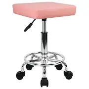 Square Rolling Stool with Foot Rest PU Leather Height Adjustable Spa Pink