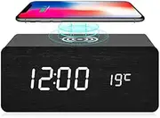 Jarttarn fomobest Wooden Alarm Clock with Wireless Charging, Wood Digital LED Desk Clock for Bedroom, 3 Alarm Settings, Sound Control, Adjustable Brightness, Time Temperature