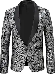[Aosufei] Men's Blazer Stylish Print Floral Suit Jacket Lightweight Wedding Tuxedo Jacket Lapel One Button Suit Coat, Black Silver4, Medium