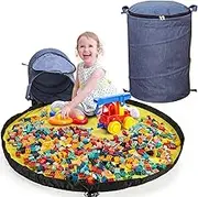 Toy Storage Bag with Play Mat and Lid, Building Blocks Storage Bag Storage Box with Play Mat, Storage Basket for Children's Room, Children's Gift (Blue)