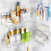 SuoXing Adhesive Shower Racks for Inside Shower,5 Pack Clear Acrylic Rustproof,Plastic Bathroom Shelves Storage with Soap Dish Toothbrush Holder and 6 Hooks,Shampoo and Conditioner Holder,No Drilling