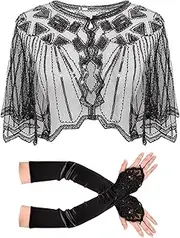 [Dqwtb] Women's 1920s Shawl Wrap Gloves Evening Cape Decor Sequin Beaded Shawls Flapper Cover Up Roaring 20s Accessories Set