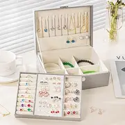 [Ominigag] Jewellery Box Organiser,2-Layer Faux Leather Jewellery Case Storage,Earrings Rings Necklace Boxes,Birthday Wedding Gifts for Women Girls Grey