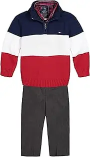 [Tommy Hilfiger] Baby Boys' 3-Piece Pullover Sweater, Button-Down Shirt, and Pants Set, Flag Blue Block, 0-3 Months