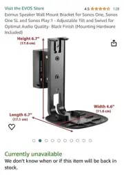 ynVISION Wall Mount Bracket Sonos One,One SL,and Play:1 | 2 PACK Pair Black New