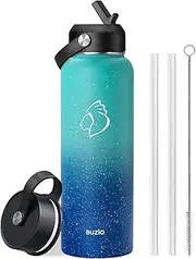 BUZIO Insulated Water Bottle with Straw, 40 oz Stainless Steel Sports Wide Mouth Water Bottle, BPA-Free Flex Cap and Straw Lid, Wide Mouth BPA-Free Sweat-Proof Sports Water Flask, Keep Hot Cold