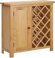 Solid Oak Wood Wine Cabinet - 11 Bottle Capacity, 80x32x80 cm, Freestanding Wooden Wine & Liquor Rack with Shelf & Door, Natural Finish Storage & Display