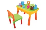 Gem Toys Kids Desk & Beach Water Table w Chair Sandpit Moulds Scooper Bucket