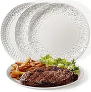 [Wareland] Large Dinner Plates Set of 4-10.75 Inch Ceramic Plates Embossed Salad Plates Modern White Round Serving Dishes for Kitchen - Microwave, Oven and Dishwasher Safe (Multiple Patterns)