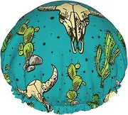 Cute Cactus And Skull Of Bull Print Various Activities Shower Cap Reusable Soft And Lightweight Bath Hair Cap Long Hair